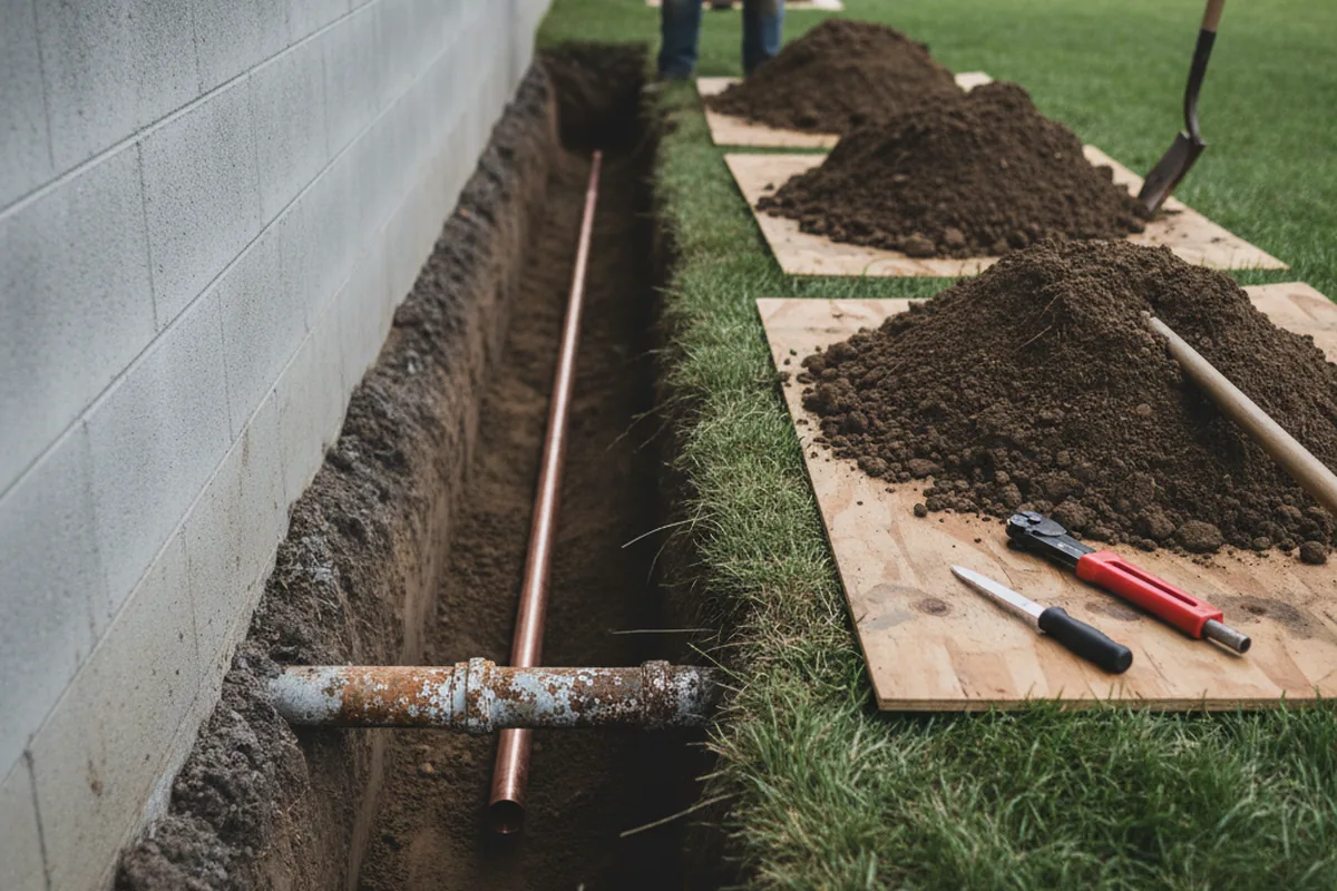 Excavated water line trench during Water Softener Installation in Trivoli